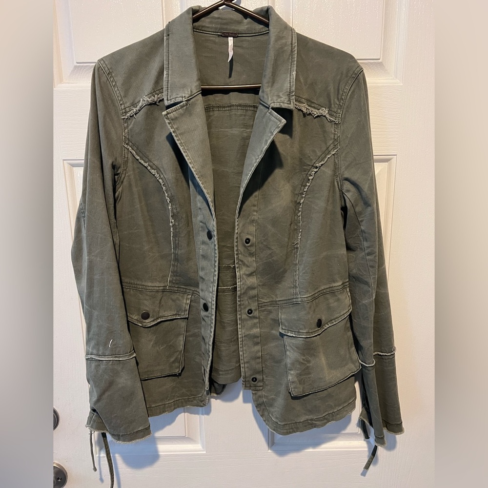 Free People distressed olive ruffle jacket, size large